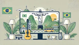 DALL·E 2025-01-27 00.55.29 - A minimalistic widescreen illustration representing Brazilian Portuguese learning. The scene features iconic Brazilian elements such as tropical lands