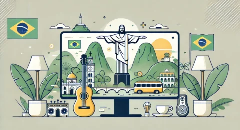 DALL·E 2025-01-27 00.55.29 - A minimalistic widescreen illustration representing Brazilian Portuguese learning. The scene features iconic Brazilian elements such as tropical lands