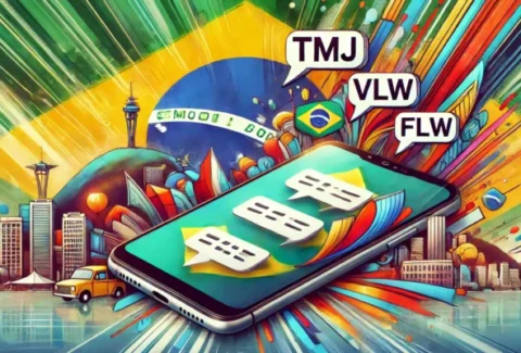 Artistic representation of Brazilian digital communication, featuring a smartphone with chat bubbles displaying common Brazilian text abbreviations like "TMJ," "VLW," and "FLW," with a vibrant Brazilian flag background.