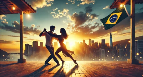 DALL·E 2025-02-19 01.05.31 - A scenic and immersive image of a couple performing Brazilian Zouk on a rooftop at sunset. The city skyline glows behind them as they move in harmony,