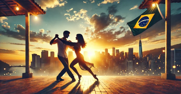 DALL·E 2025-02-19 01.05.31 - A scenic and immersive image of a couple performing Brazilian Zouk on a rooftop at sunset. The city skyline glows behind them as they move in harmony,