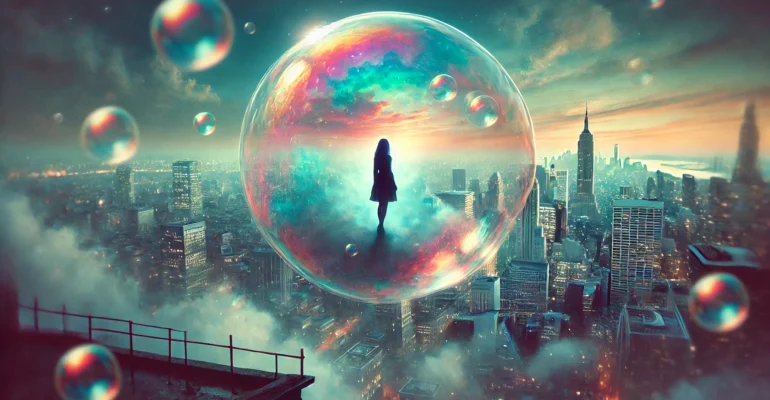 DALL·E 2025-02-23 02.34.20 - A dreamy and artistic representation of a woman standing inside a giant soap bubble, floating above a blurred cityscape. The bubble’s surface reflects