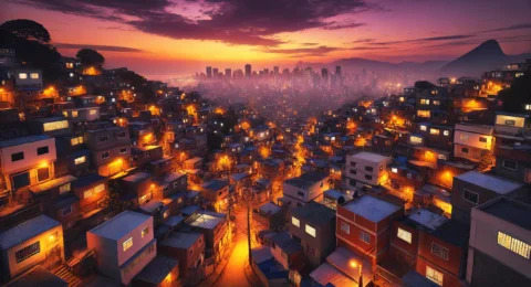 DALL·E 2025-02-23 02.43.41 - An evening view of a favela in Rio de Janeiro, with warm streetlights illuminating the maze-like alleys and houses. The city skyline in the distance i