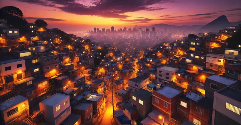 DALL·E 2025-02-23 02.43.41 - An evening view of a favela in Rio de Janeiro, with warm streetlights illuminating the maze-like alleys and houses. The city skyline in the distance i