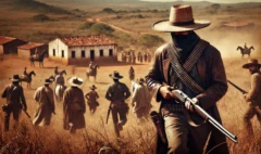 DALL·E 2025-02-23 02.47.36 - A dramatic historical scene of Cangaço bandits in Northeast Brazil. The image features armed cangaceiros in traditional leather attire, moving through