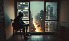 DALL·E 2025-02-23 02.57.02 - A cinematic-style wide image of an elderly Brazilian man sitting by a window in an apartment, looking outside at the city lights. The interior is diml