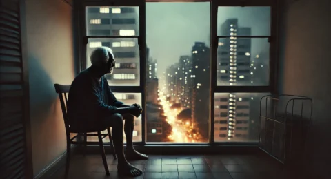 DALL·E 2025-02-23 02.57.02 - A cinematic-style wide image of an elderly Brazilian man sitting by a window in an apartment, looking outside at the city lights. The interior is diml