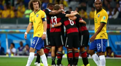 Brazilian soccer players David Luiz and Maicon reacting in disappointment as the German team celebrates during the 2014 FIFA World Cup semifinal.