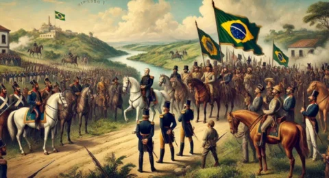 A historical painting depicting September 7, 1822, when Dom Pedro I declared Brazil’s independence, surrounded by soldiers and waving Brazilian flags.