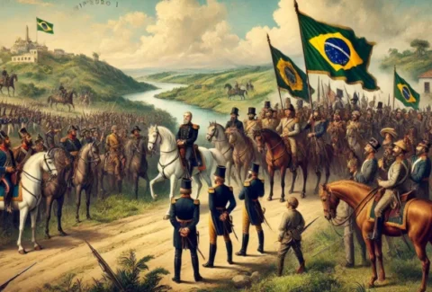 A historical painting depicting September 7, 1822, when Dom Pedro I declared Brazil’s independence, surrounded by soldiers and waving Brazilian flags.