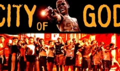 Official poster of City of God, featuring a young man pointing a gun and a group of armed children in the background, symbolizing the film’s raw depiction of life in Rio de Janeiro’s favelas.