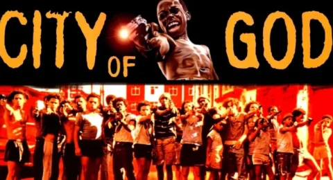 Official poster of City of God, featuring a young man pointing a gun and a group of armed children in the background, symbolizing the film’s raw depiction of life in Rio de Janeiro’s favelas.