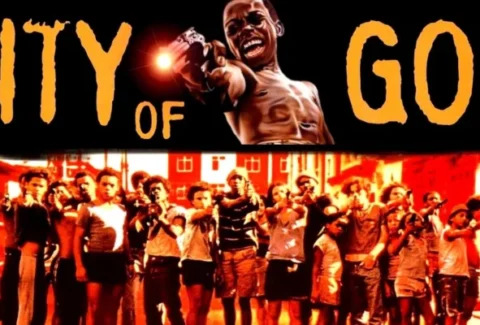 Official poster of City of God, featuring a young man pointing a gun and a group of armed children in the background, symbolizing the film’s raw depiction of life in Rio de Janeiro’s favelas.