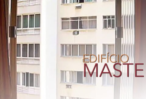 Official poster of Edifício Master, a Brazilian documentary featuring a view from an apartment window overlooking a residential building.