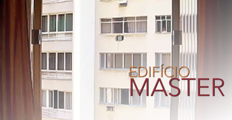 Official poster of Edifício Master, a Brazilian documentary featuring a view from an apartment window overlooking a residential building.