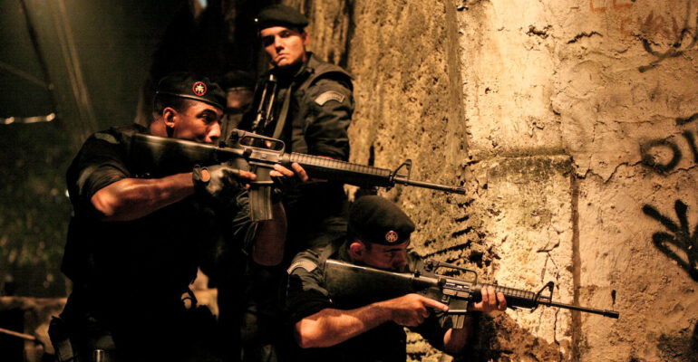 Armed BOPE officers in a tense urban operation, depicting the intense action and corruption themes of Elite Squad.