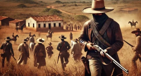 Armed cangaceiros dressed in traditional leather attire, walking toward a rural village in the Brazilian Northeast, evoking the historical conflicts of the region.