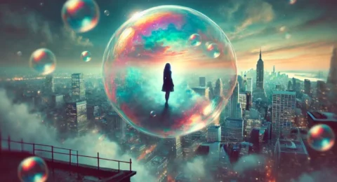 A surreal depiction of a woman standing inside a giant floating bubble above a futuristic city, symbolizing the transition between reality and imagination.