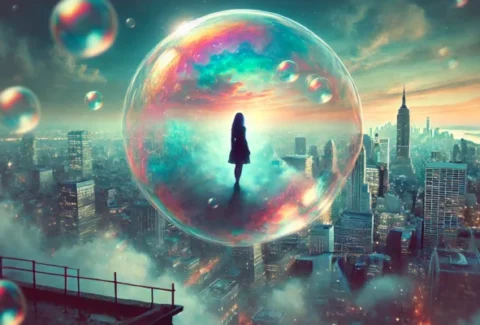 A surreal depiction of a woman standing inside a giant floating bubble above a futuristic city, symbolizing the transition between reality and imagination.