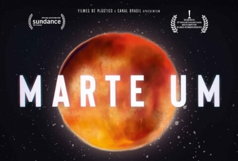 Official poster of Marte Um, a Brazilian film featuring an artistic representation of the planet Mars with the movie title in bold letters.