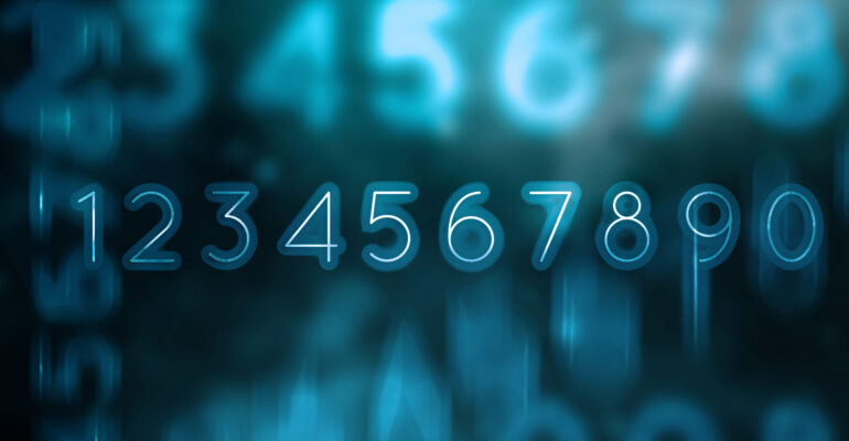 A glowing set of numbers from 1 to 9 and 0 in a futuristic blue design, symbolizing numeracy and language learning.