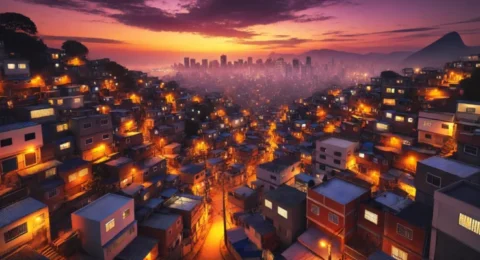 A vibrant view of Rio de Janeiro’s favelas at sunset, with warm lights illuminating the hillside communities and the modern city skyline in the background.