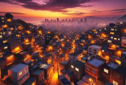 A vibrant view of Rio de Janeiro’s favelas at sunset, with warm lights illuminating the hillside communities and the modern city skyline in the background.