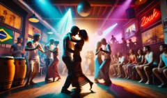 An energetic Zouk dance party in São Paulo, featuring couples dancing closely with smooth, flowing movements under colorful lights. The venue has a lively and warm atmosphere with Brazilian cultural elements.