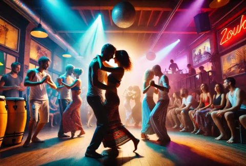 An energetic Zouk dance party in São Paulo, featuring couples dancing closely with smooth, flowing movements under colorful lights. The venue has a lively and warm atmosphere with Brazilian cultural elements.