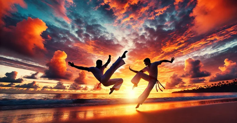 Two capoeiristas perform acrobatic kicks on a beach at sunset, silhouetted against a dramatic sky.