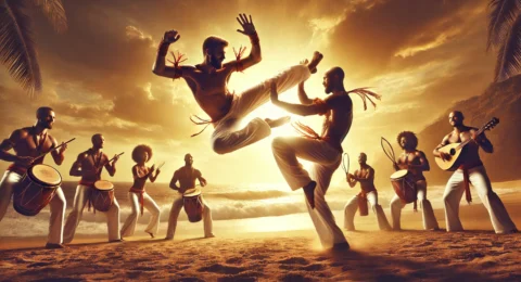 Two capoeiristas perform an acrobatic battle on a beach at sunset, surrounded by musicians playing traditional instruments.