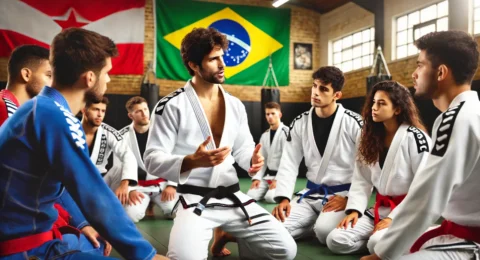 A Brazilian Jiu-Jitsu instructor in a white gi teaching a group of students in a dojo, with Brazilian and other flags in the background.