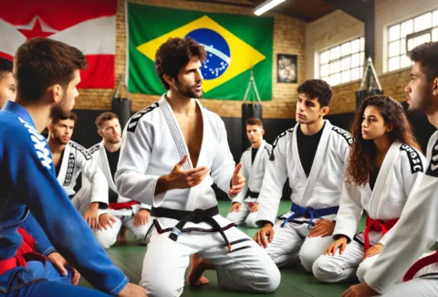 A Brazilian Jiu-Jitsu instructor in a white gi teaching a group of students in a dojo, with Brazilian and other flags in the background.