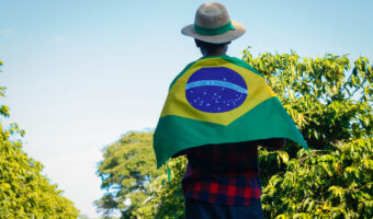 Farmer at coffee plantation holding Brazilian flag
