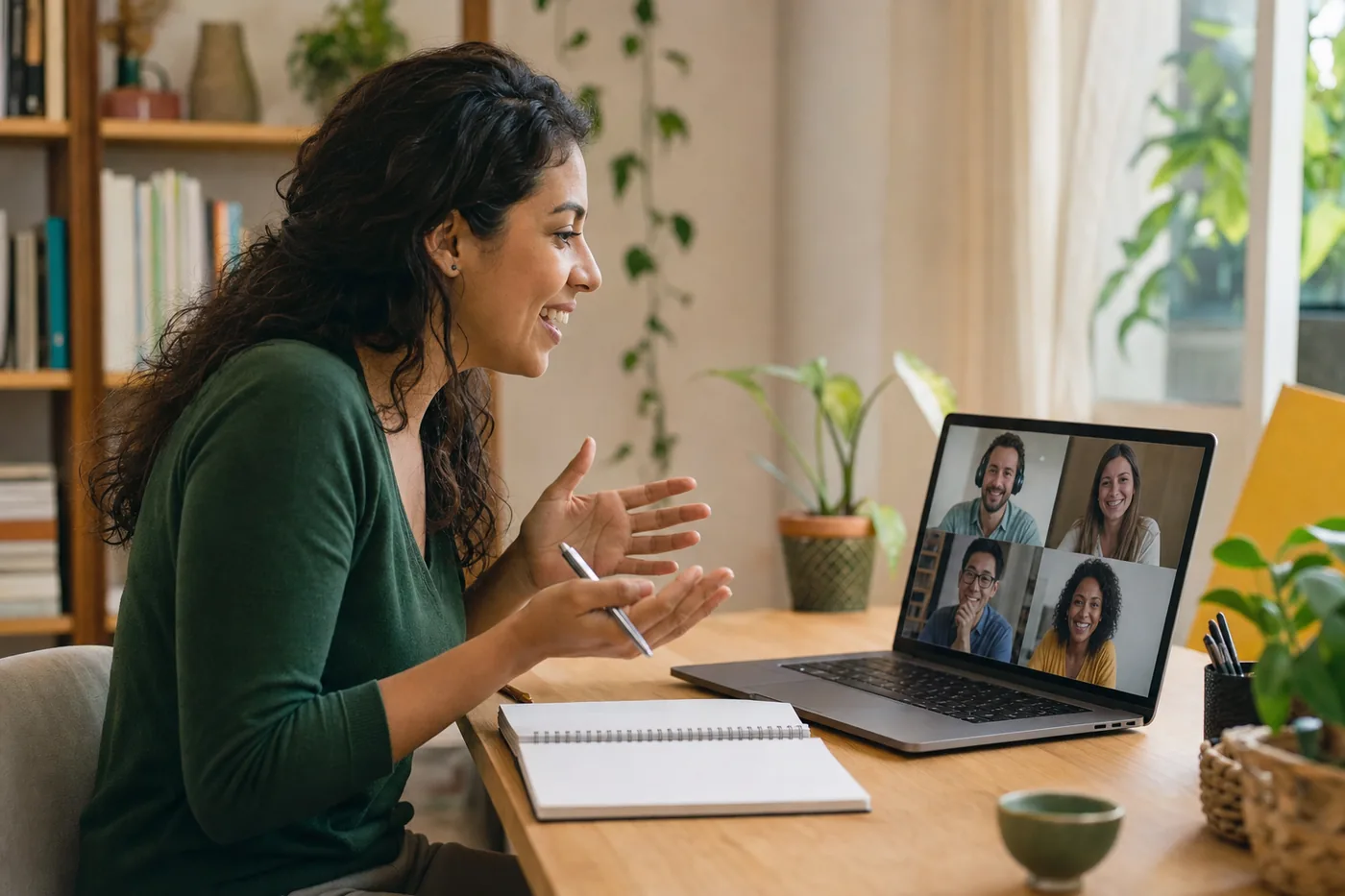 Brazilian Portuguese teacher leading a live online class with international students