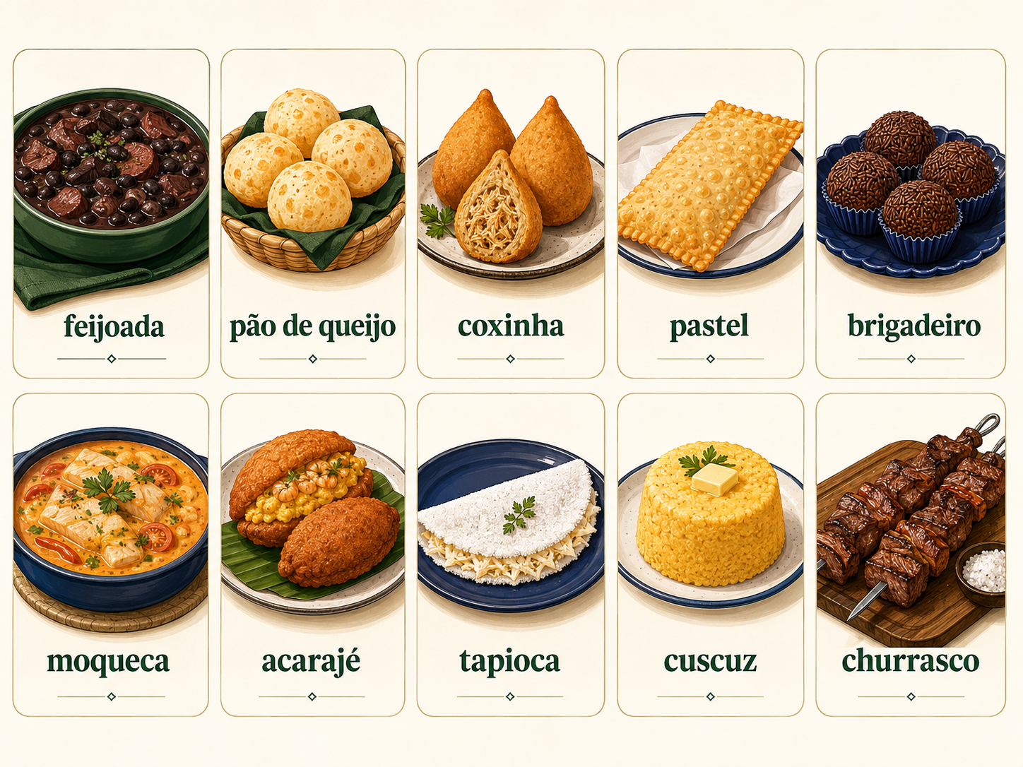 Illustrated guide to ten Brazilian dishes commonly seen on menus