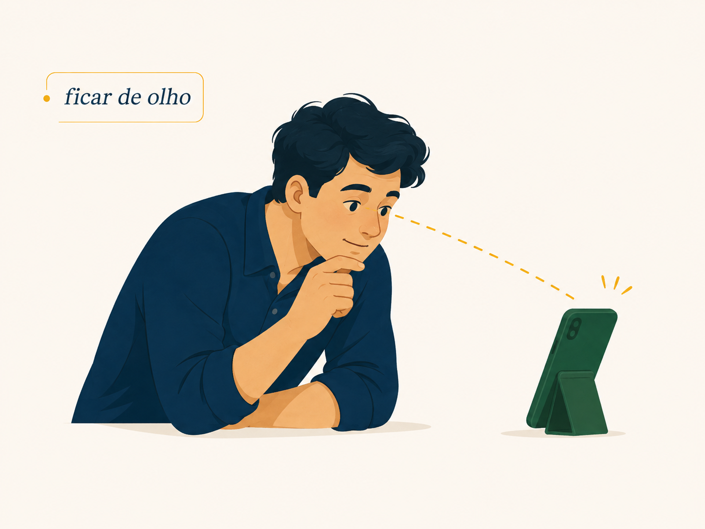 Illustration of the Brazilian Portuguese expression ficar de olho shown as someone watching a phone carefully