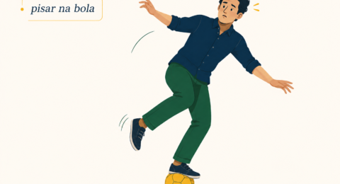 Illustration of the Brazilian Portuguese expression pisar na bola shown literally as someone stepping on a ball