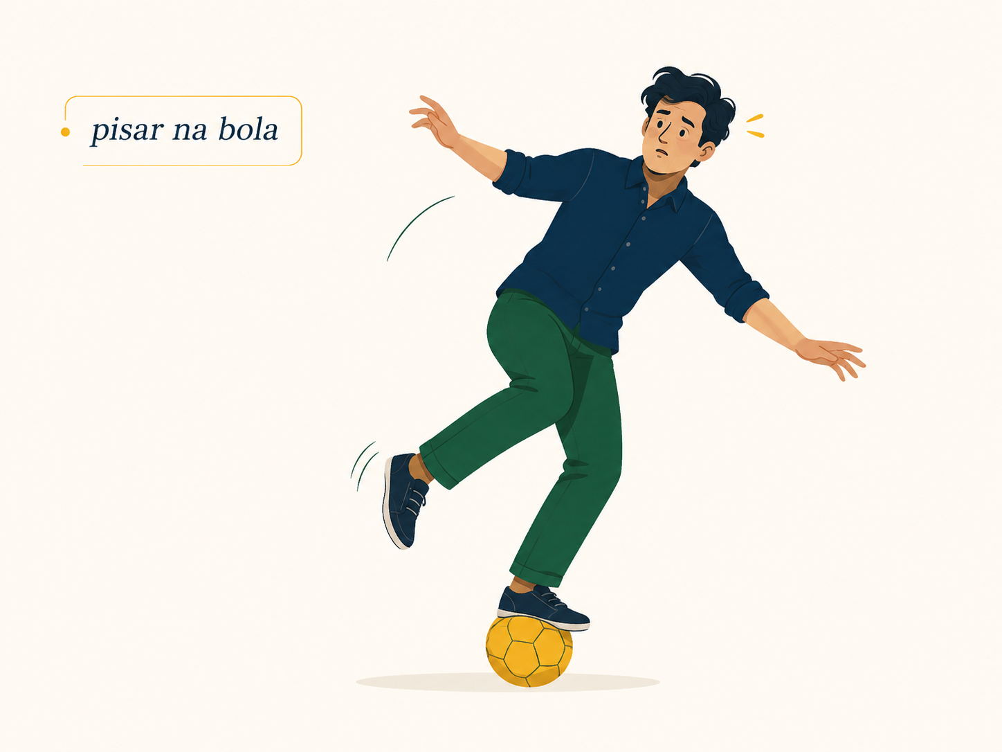 Illustration of the Brazilian Portuguese expression pisar na bola shown literally as a person stepping on a ball