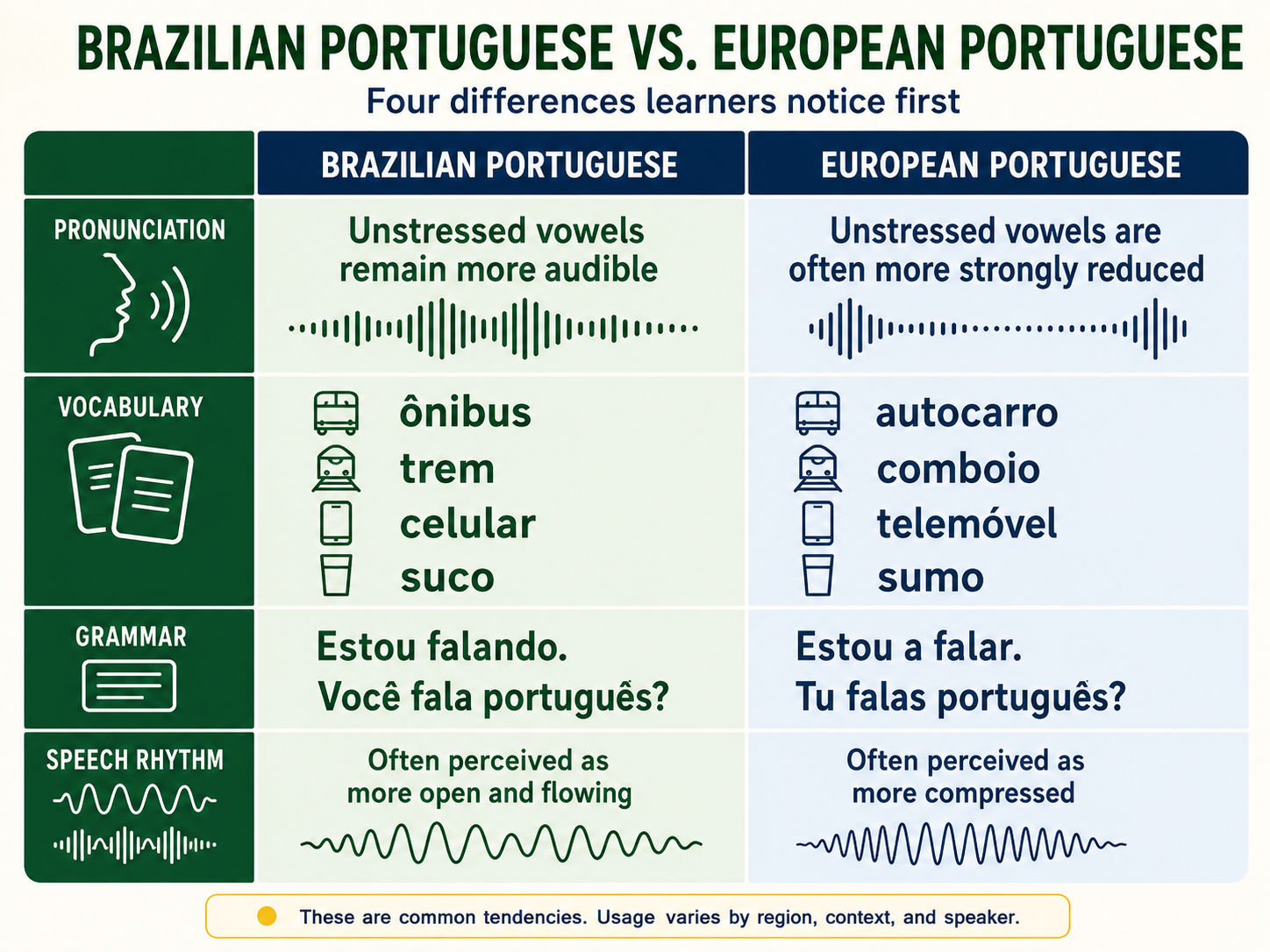Comparison chart showing key differences between Brazilian and European Portuguese