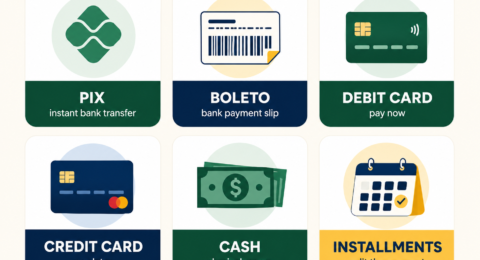 Infographic comparing common payment methods in Brazil including Pix, boleto, debit card, credit card, cash, and installments