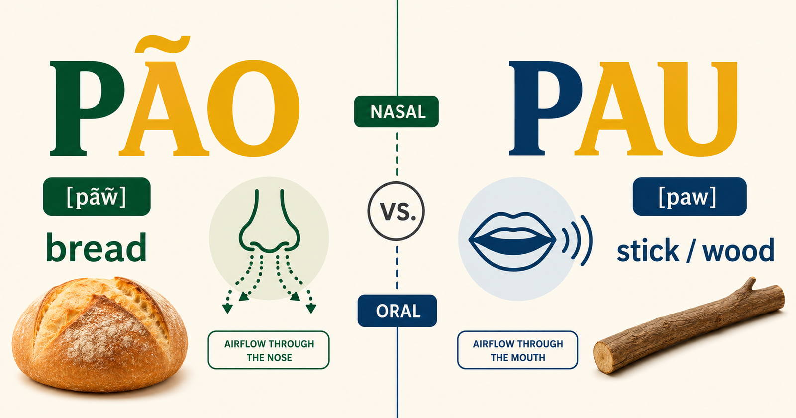 Pão and pau in Brazilian Portuguese showing the pronunciation difference between nasal ão and oral au